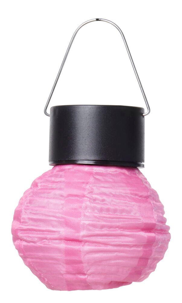 Rosa hängende Solar-Laterne mit schwarzem Deckel.
