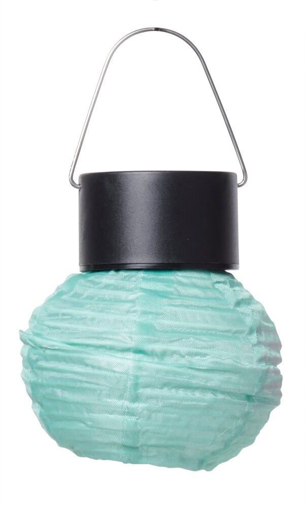 Kleine pastellfarbene Solarleuchte mit schwarzem Deckel.