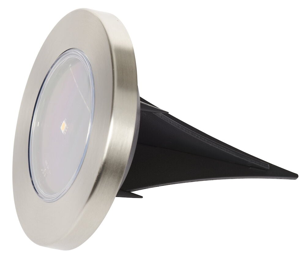 Rund solcellebelysning med metallramme og jordspyd.