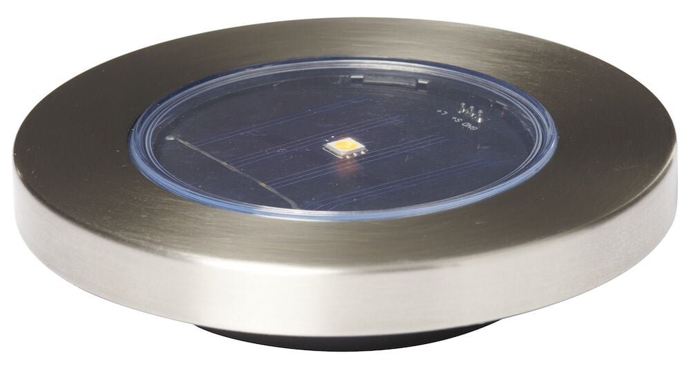 Rund solcellebelysning i metall for hage eller terrasse.