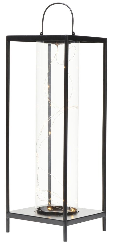 Svart solcellelykt i metall og glass for utendørs bruk.