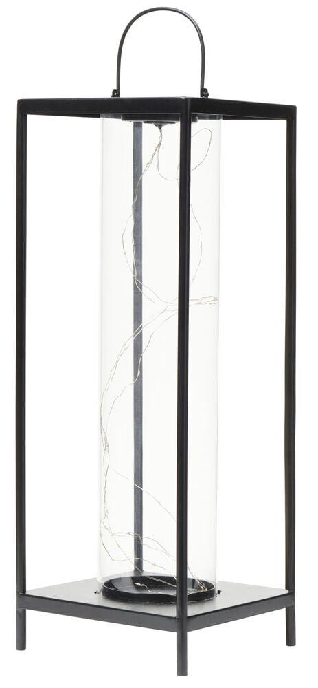 Stor svart solcellelykt i metall og glass.