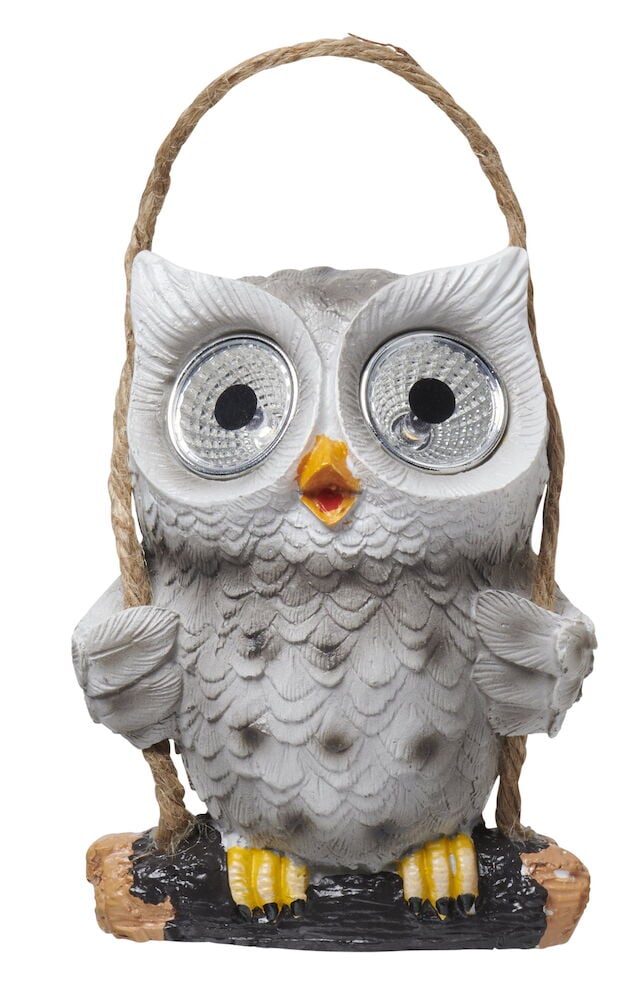 Solcelleugle i grå plast med hvite detaljer.