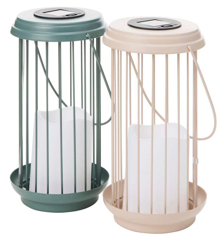 Zwei Solarlaterne Resö 24 cm, eine grüne, eine beige, mit weißen LED-Kerzen und Solartops.
