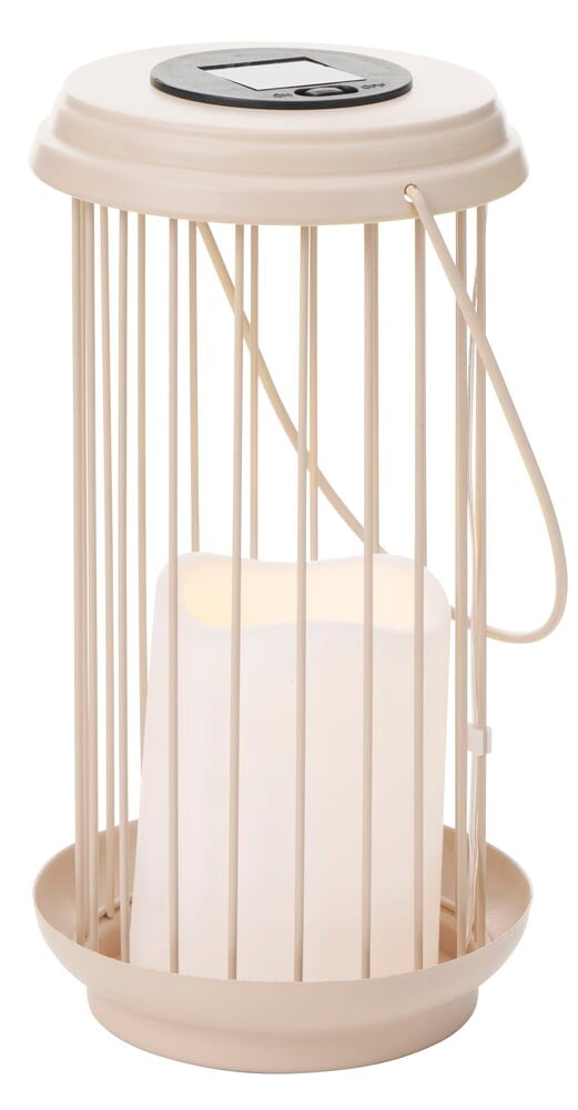 Solarlaterne Resö 24 cm, eine hellbeige zylindrische Laterne mit vertikalen Stäben, Solarpanel und LED-Kerze.