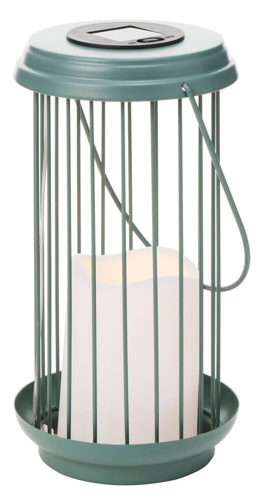 Solarlaterne Resö 24 cm in Grün mit weißem LED-Licht und einem Solarpanel oben.