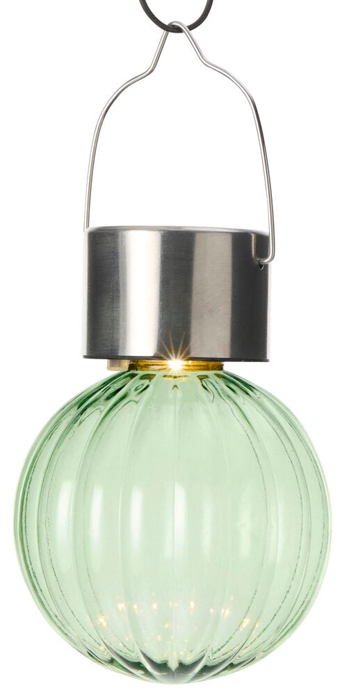 Solar-Glühbirne Gräsö, grünes Riffelglas mit leuchtendem Licht, Metallkappe und Drahtgriff.
