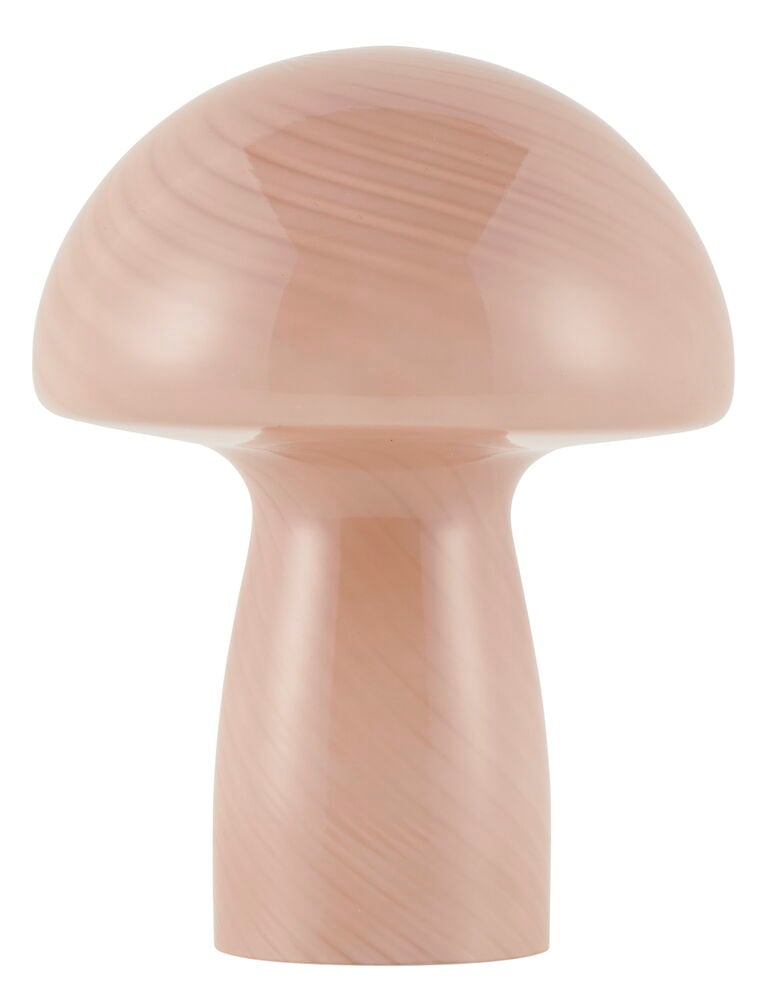 Rosa bordslampa i glas med svampformad design.