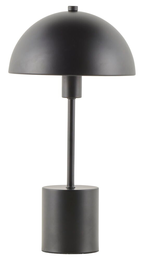 Svart bordslampa i matt metall med kupolformad skärm.