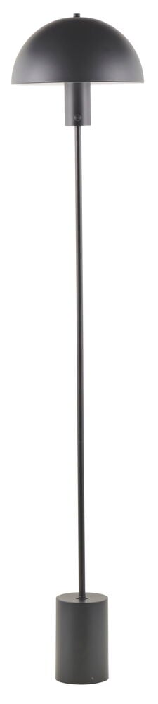 Svart golvlampa med rund skärm och cylinderfot.