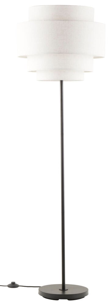 Golvlampa med svart metallfot och vit linneskärm.