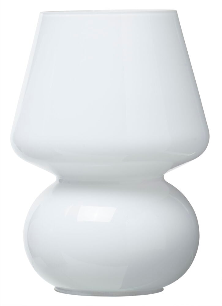 Hvit glasslampe med avrundet form og blank overflate.