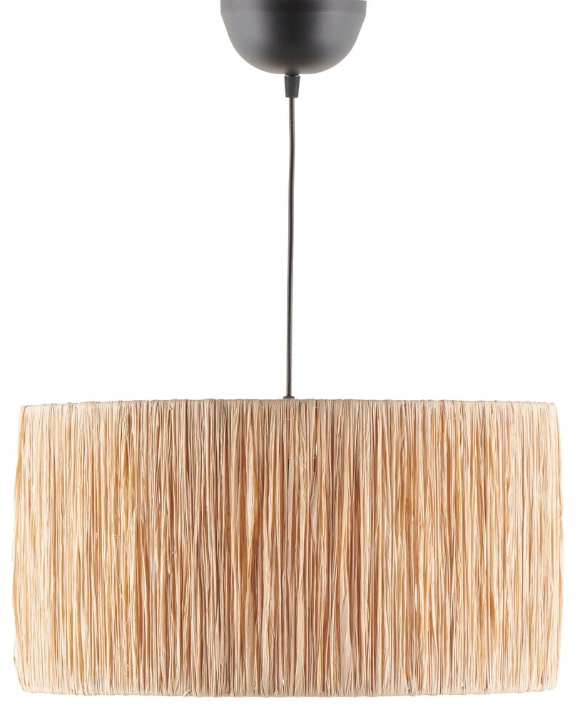 Naturlig rund taklampskärm av raffia med svart upphängning.