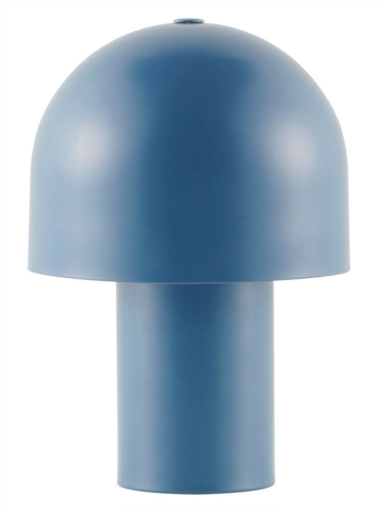 Blå retro bordslampa i metall med kupolformad skärm.