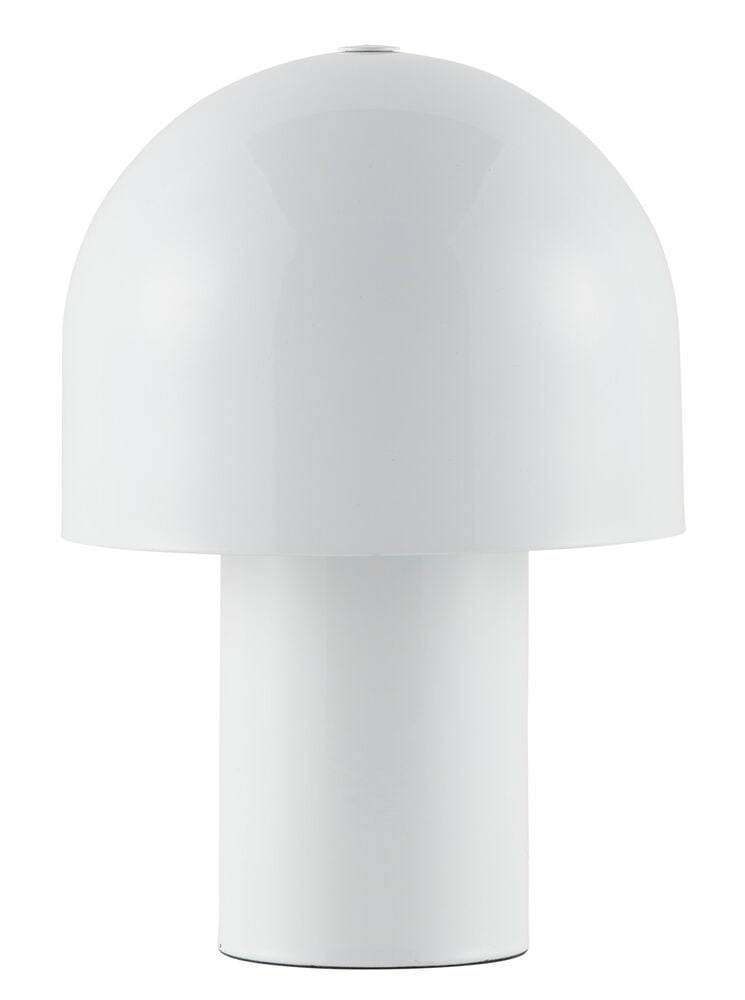 Vit retro bordslampa i metall med kupolformat skärm.