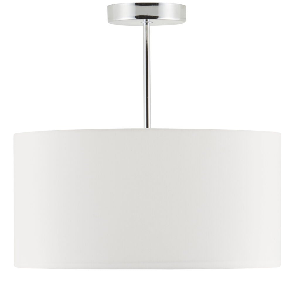 Vit taklampa med textilskärm och metallupphängning.