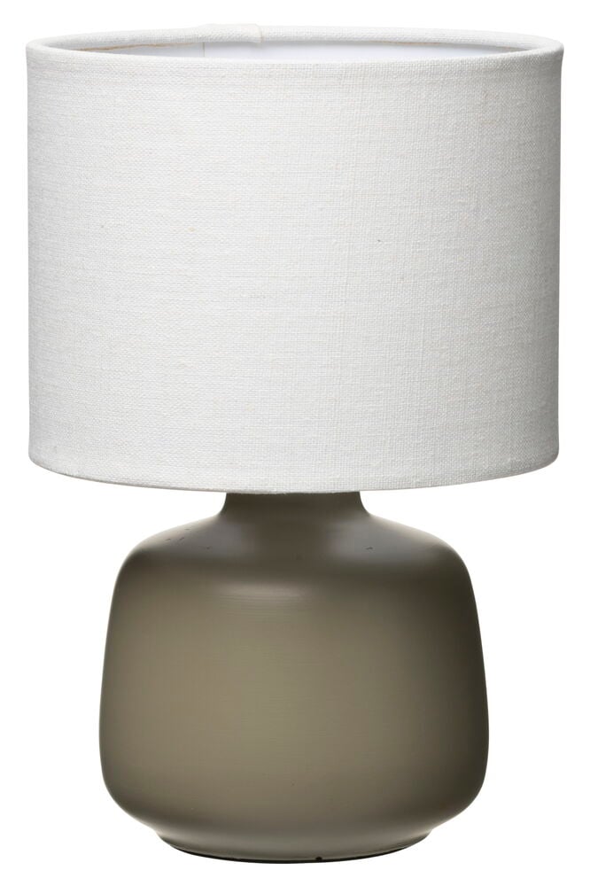 Bordslampa med matt keramiksockel och vit tygskärm.