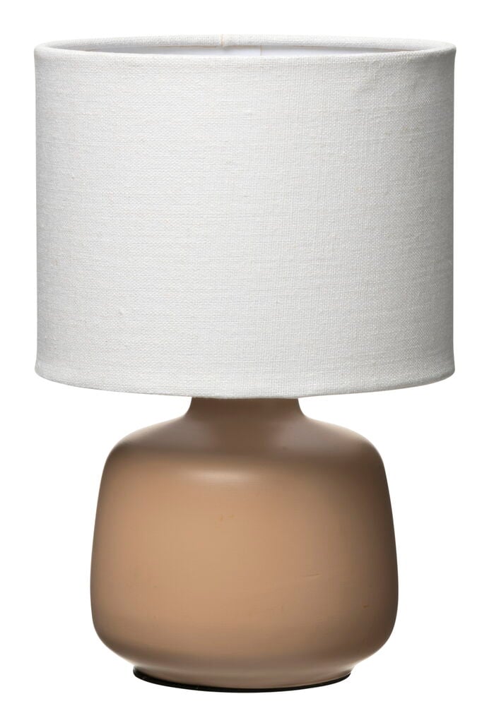 Bordslampa med beige keramikfot och vit tygskärm.