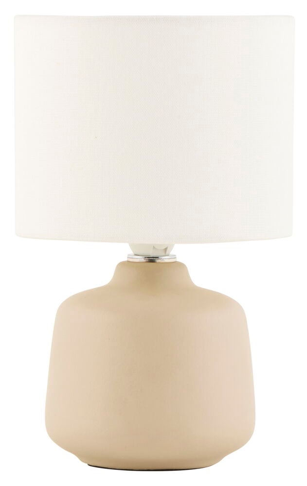 Bordslampa med beige keramikfot och vit tygskärm.