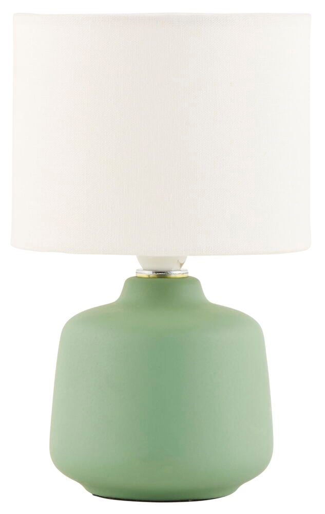 Grön bordslampa med vit cylindrisk lampskärm.