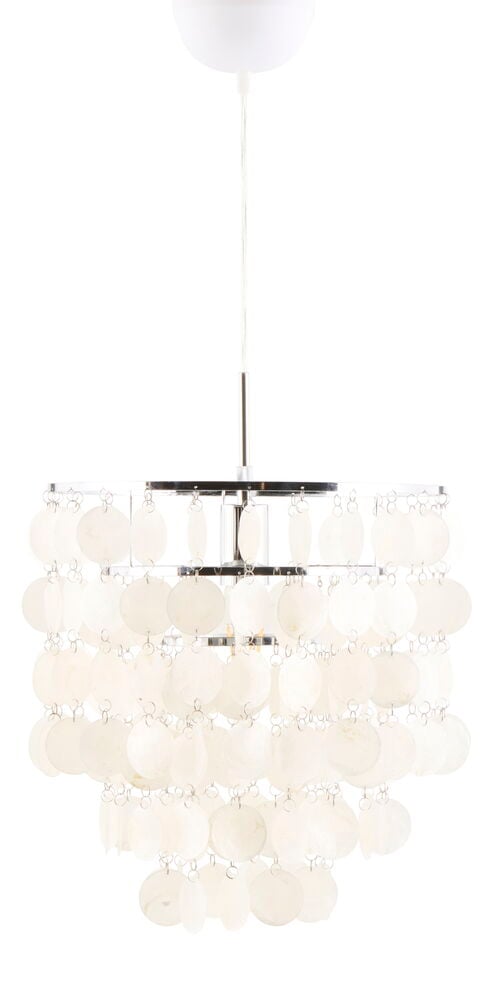 Vit modern taklampa med flera hängande runda skivor.