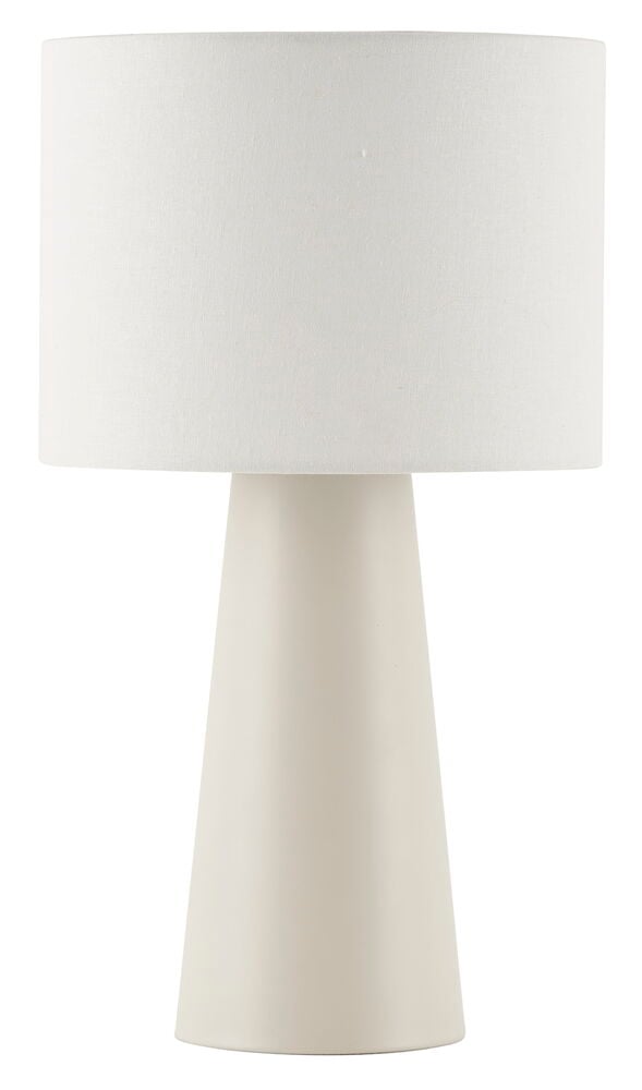 Bordlampe med beige metallfot og hvit linneskjerm.