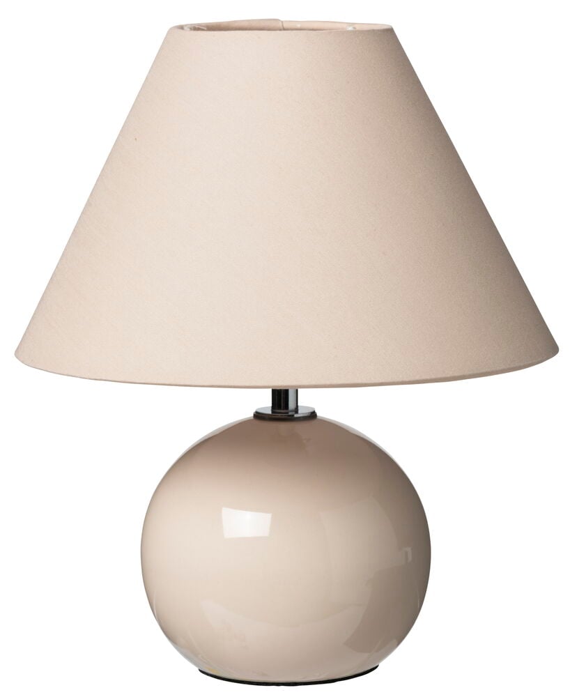 Beige bordslampa med klotformad fot och rund skärm.