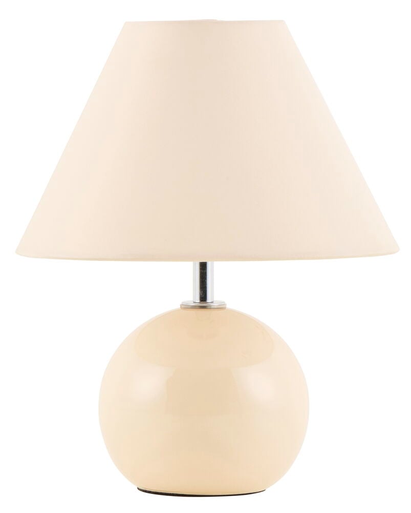 Bordslampa i beige med rund glansig fot.