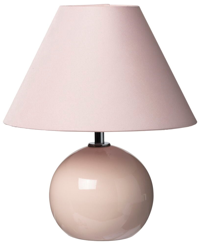 Rosa bordslampa med blank rund fot och skärm.