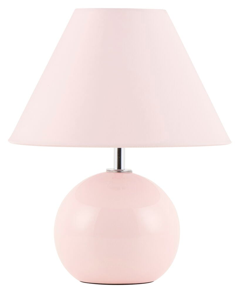 Rosa bordslampa med blank yta och rund fot.