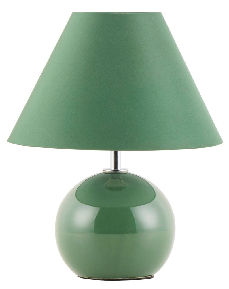 Grön bordslampa med glansig yta och rund fot.