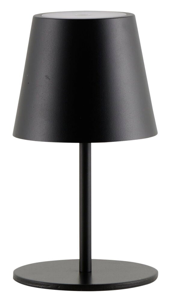 Svart uppladdningsbar bordslampa med rund fot.