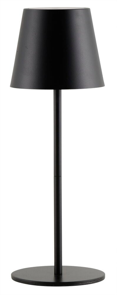 Svart oppladbar bordlampe med rund fot.