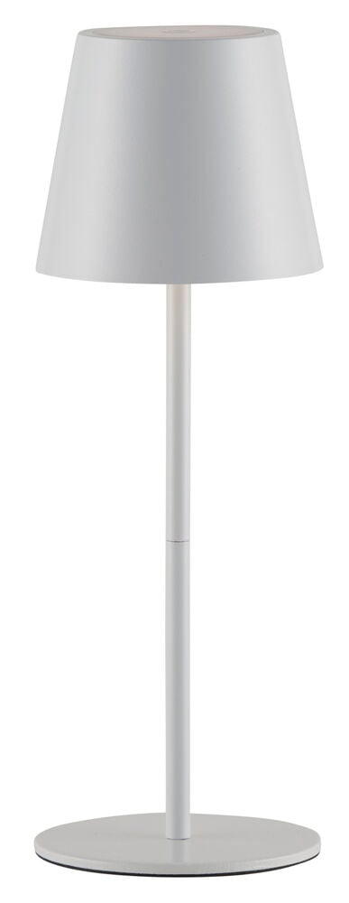 Vit uppladdningsbar bordslampa med rund fot.