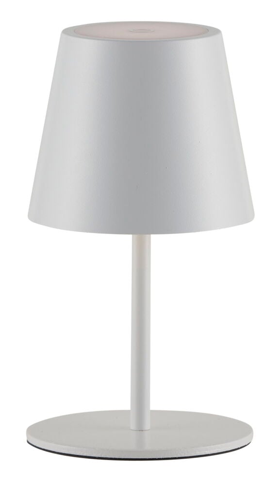 Vit uppladdningsbar bordslampa med rund fot.