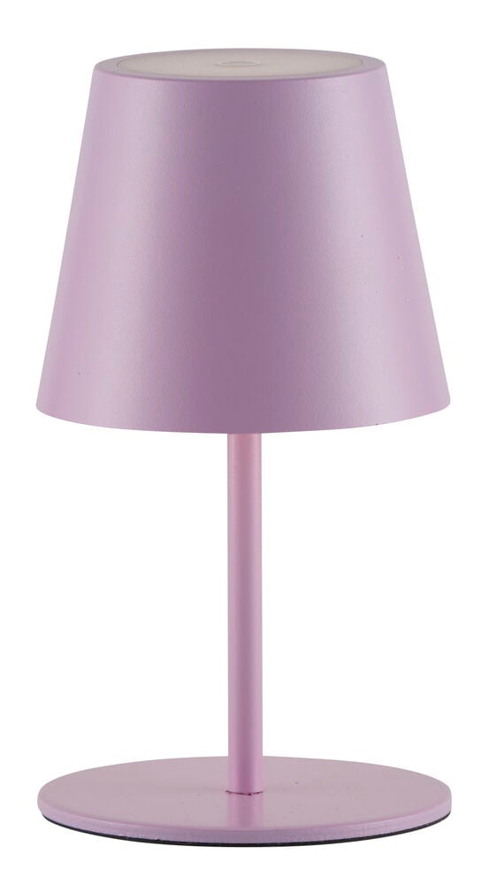 Rosa uppladdningsbar bordslampa med rund fot.