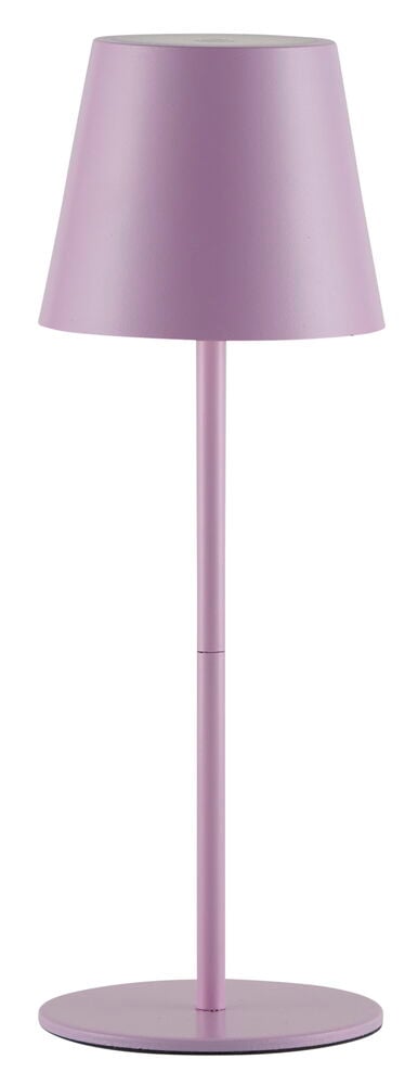 Vaaleanpunainen ladattava pöytälamppu, jossa on pyöreä jalusta ja varjostin.