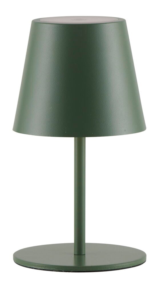 Grön trådlös bordslampa med konformad lampskärm.