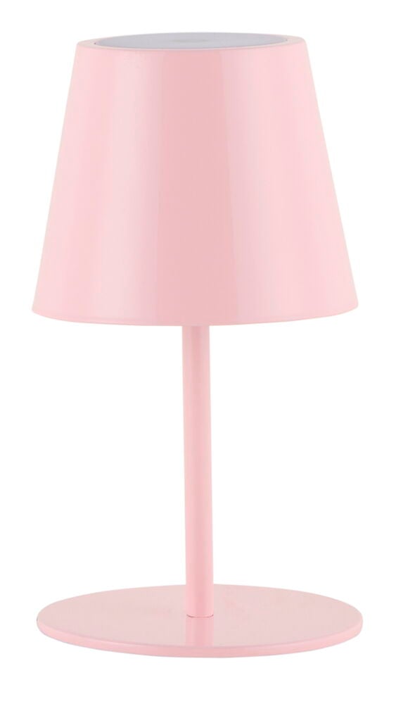 Blank rosa oppladbar bordlampe Tolosa med konisk skjerm, slank stang og rund base.