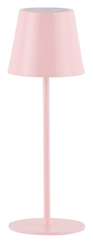 En blank rosa oppladbar bordlampe med rund fot, tynn stang og konisk skjerm.