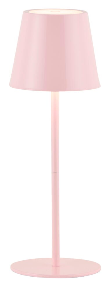 Glanset rosa oppladbar bordlampe Tolosa med konisk skjerm, tynn stang og rund fot, som lyser.