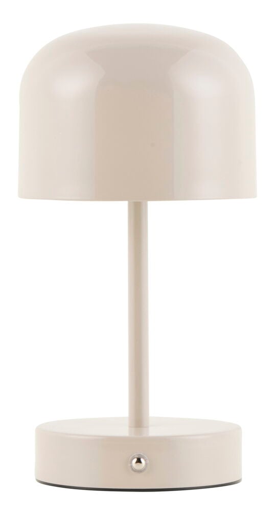 Beige uppladdningsbar bordslampa med rund skärm.