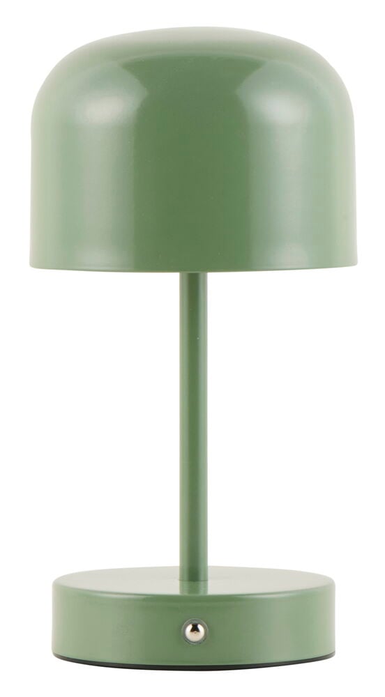 En grön uppladdningsbar bordslampa med rund skärm.
