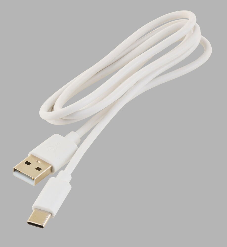 Valkoinen USB–USB-C -latauskaapeli suoralla muotoilulla.