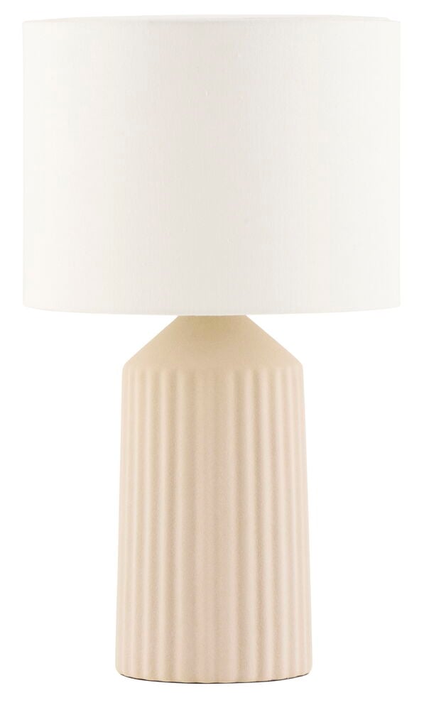 Beige bordslampa med räfflad fot och vit skärm.