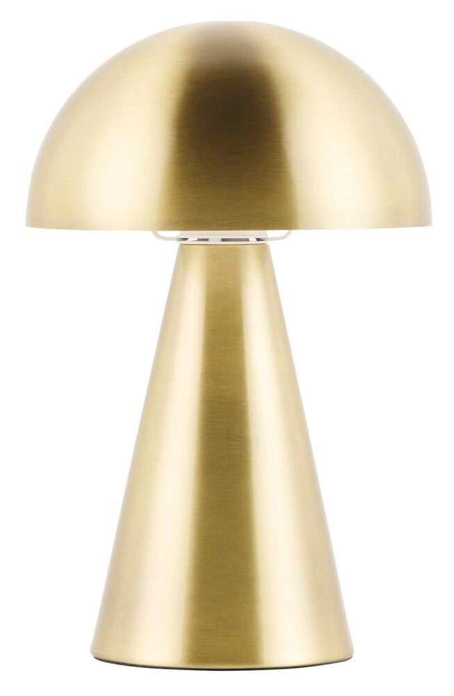 Modern bordslampa i mässing med kupolformat lampskärm.