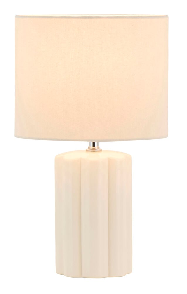 Eine 24x40,7 cm off-white Lampe mit Stoffschirm und gerilltem Keramikfuß.