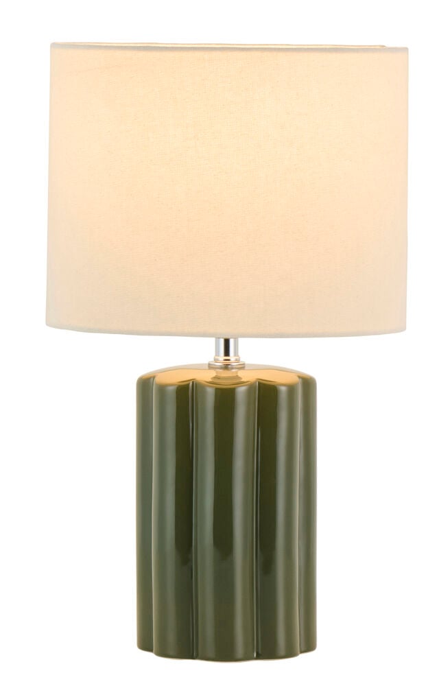 Eine 24x40,7 cm grüne Lampe mit einem geriffelten Keramiksockel und einem zylindrischen beigen Stoffschirm.