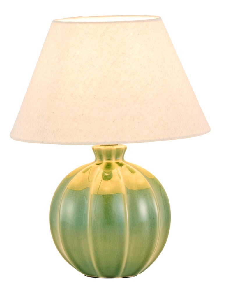 En 28x35,5 cm grön bordslampa med räfflad tvåfärgad keramikbas och ljus tygskärm.