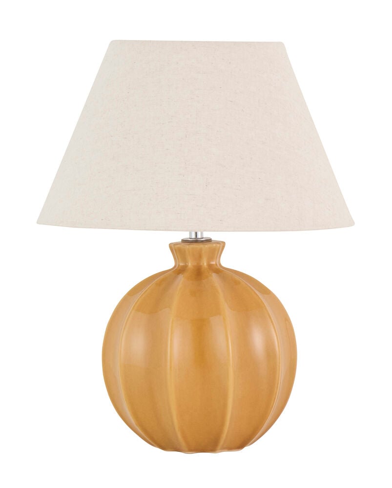 En 28x35,5 cm Gul bordslampa med en räfflad keramikbas och en ljus konisk tygskärm.